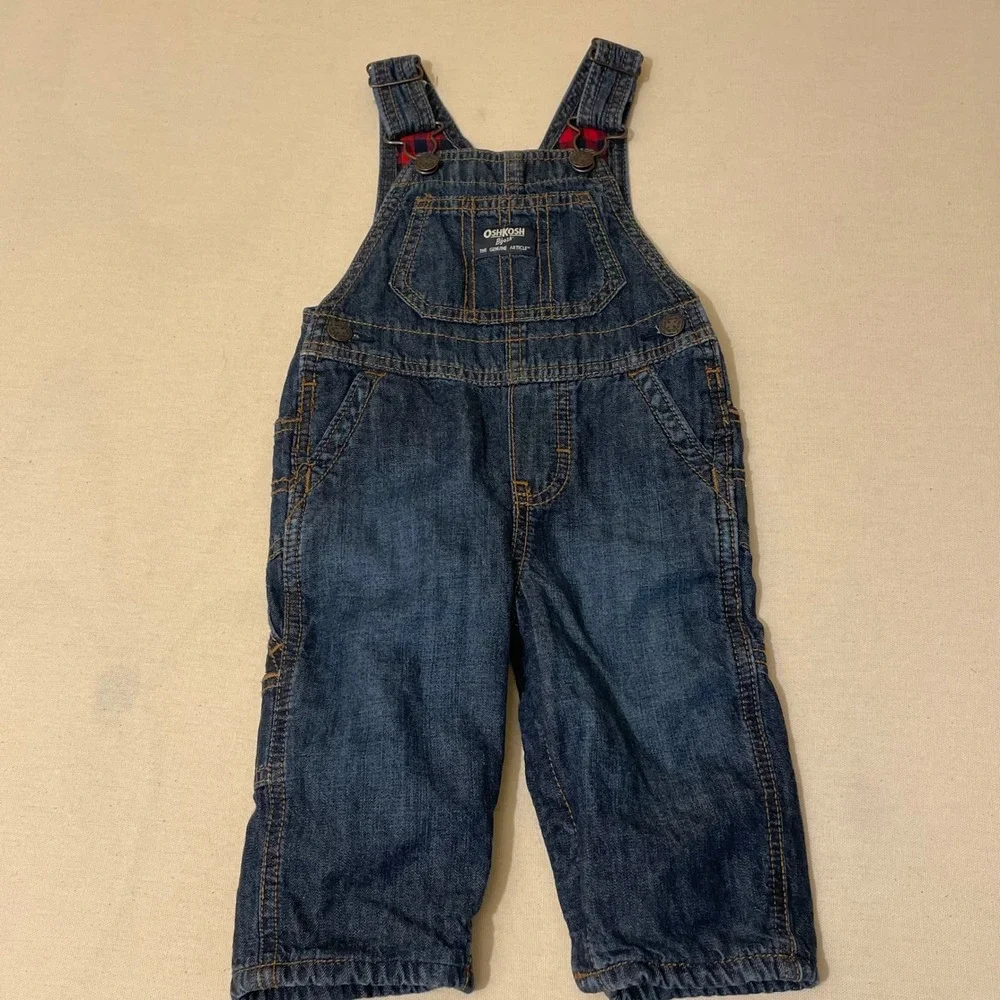 OshKosh Bgosh Baby 9M Flannel‎ Lined Denim Overalls Red Buffalo Plaid Dark Wash